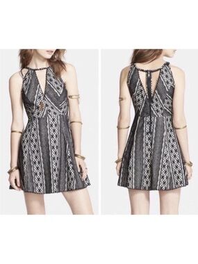 Free People Black Lace Keyhole Neck Boho Sleeveless Fit Flare Dress Sz 4 Party